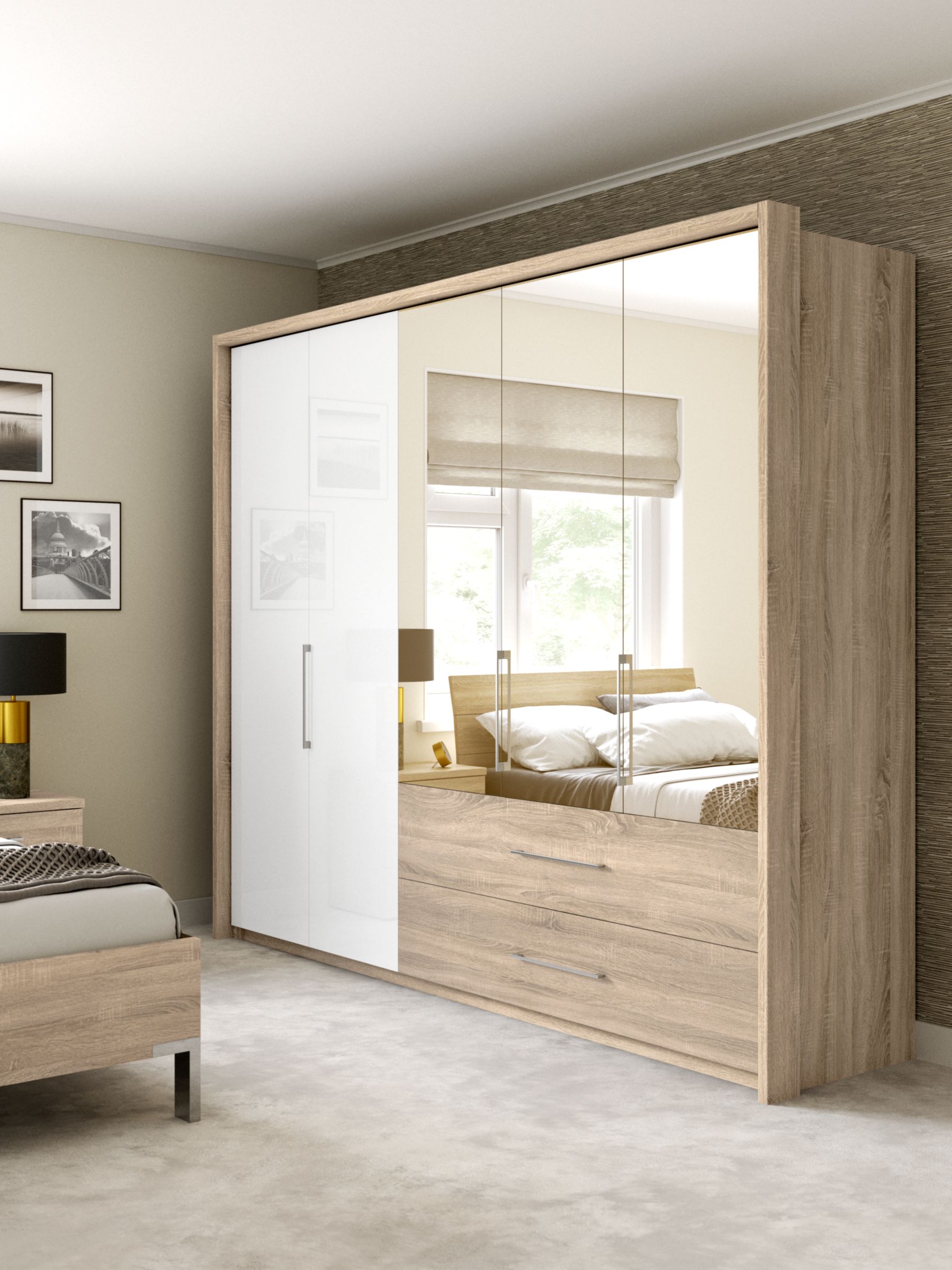 John Lewis Partners Satis Combi Storage 250cm Wardrobe With Glass And Bronzed Mirrored Hinged Doors White Glass And Bronzed Mirror Light Rustic Oak