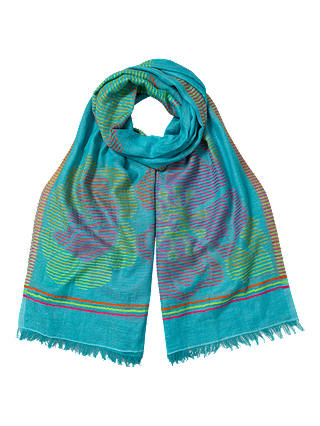 East Flower Stripe Cotton Mix Scarf, Turquoise
