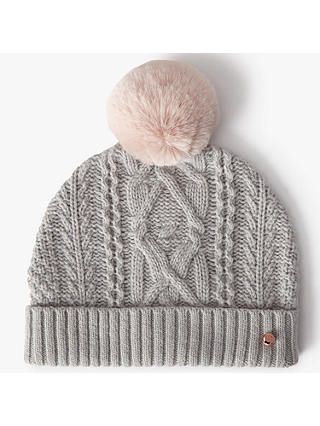 Ted Baker Wool Blend Cable Knit Faux Fur Pom Pom Beanie Hat, Grey