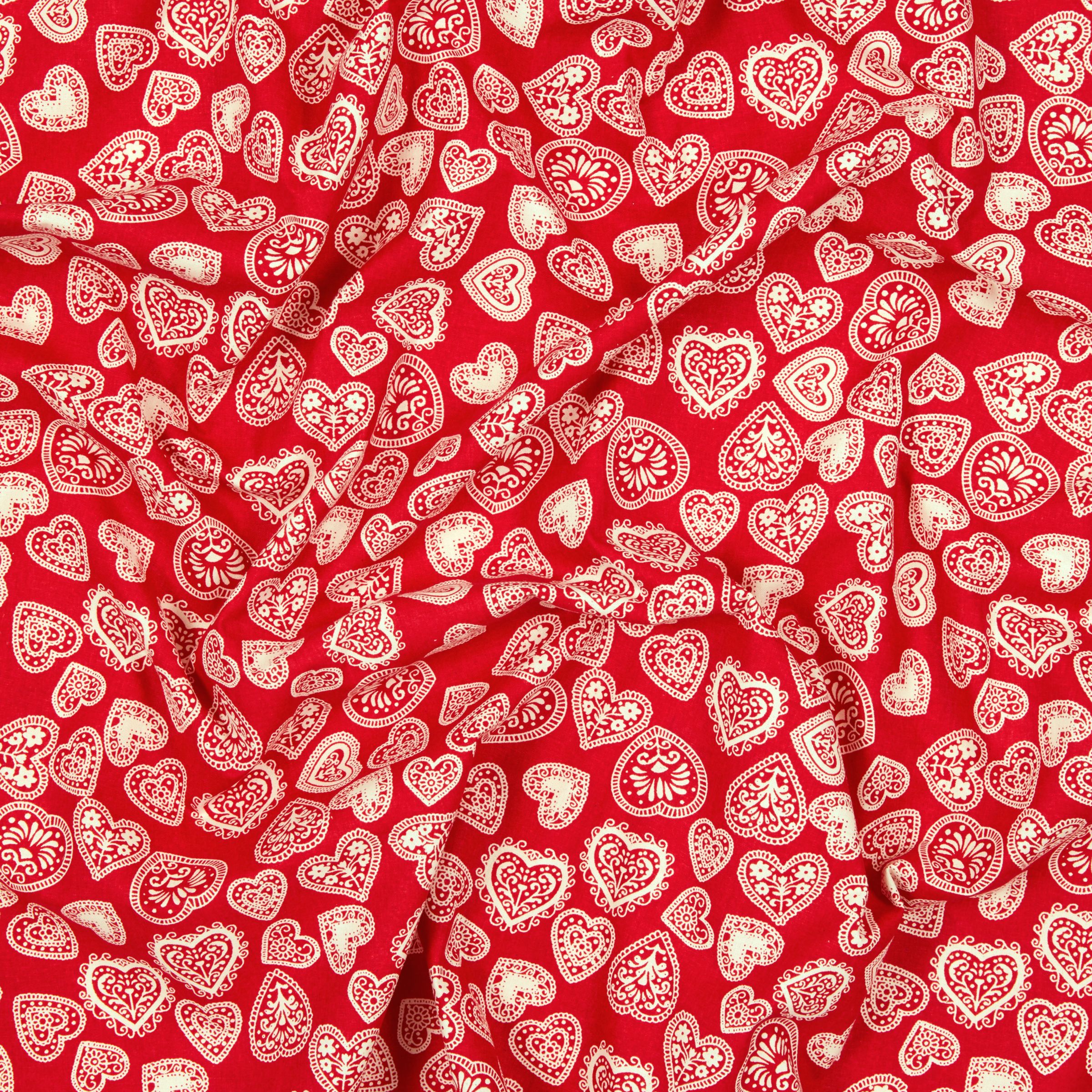 John Louden Scandinavian Hearts Print Fabric, Red/Cream