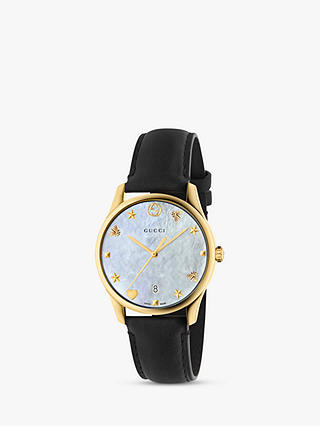 Gucci YA1264044 Unisex G-Timeless Date Leather Strap Watch, Black/Mother of Pearl
