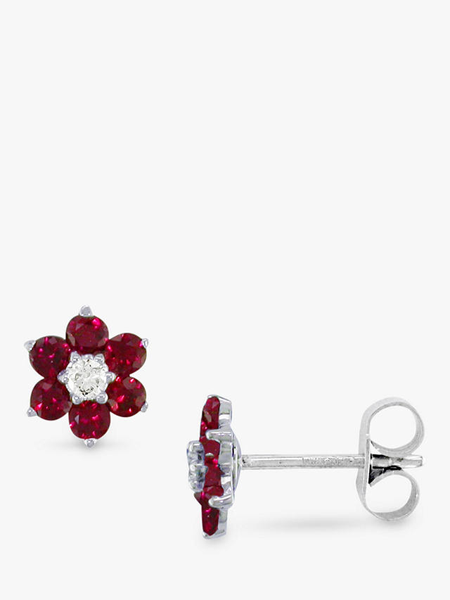 E.W Adams 18ct White Gold Ruby and Diamond Flower Stud Earrings, Red