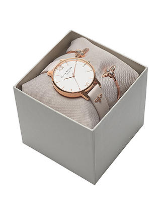 Olivia Burton OB16GSET04 Women's Big Dial Leather Strap Watch and Bee Bangle Gift Set, Blush/White