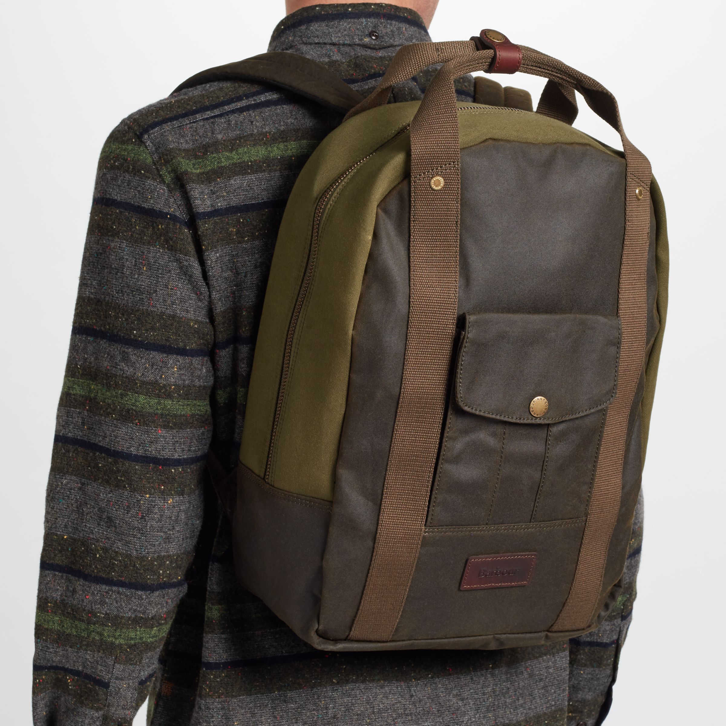 Barbour Archive Waxed Cotton Backpack, Olive at John Lewis & Partners