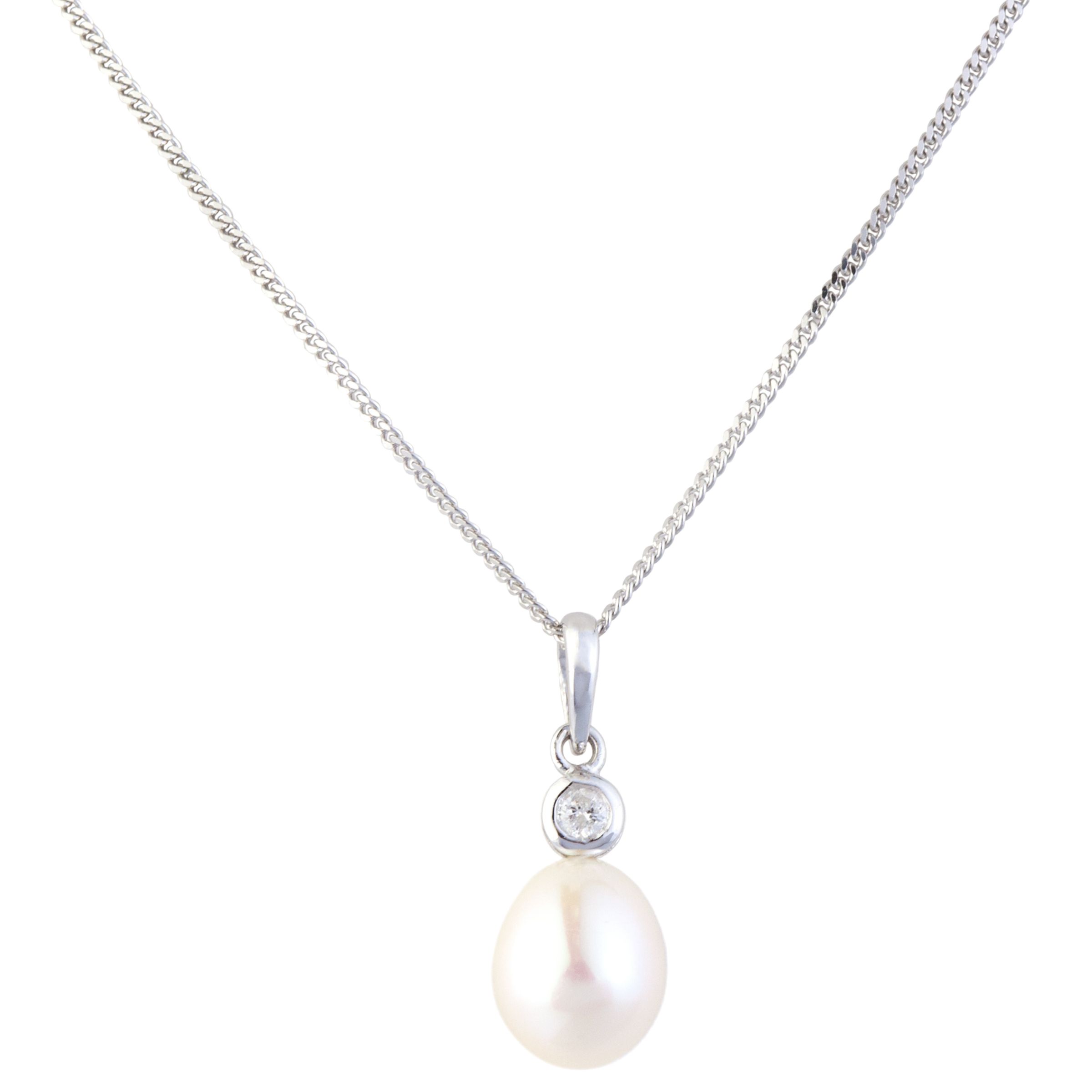 A B Davis 9ct White Gold Diamond and Pearl Pendant Necklace, White at ...