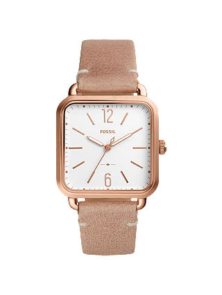 Fossil ES4254 Women's Rose Gold Leather Strap Square Watch, Nude/White