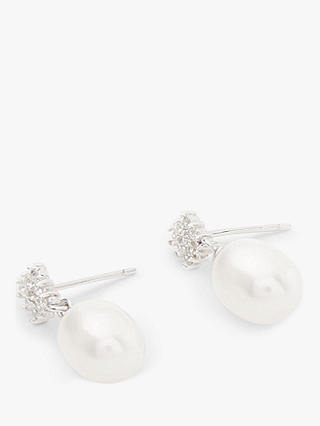 Lido Diamond Shape Cubic Zirconia and Pearl Drop Earrings, Silver/White