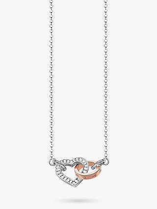 THOMAS SABO Rebel At Heart 9ct Rose Gold and Silver Linked Together Heart Diamond Necklace, Silver/Rose Gold