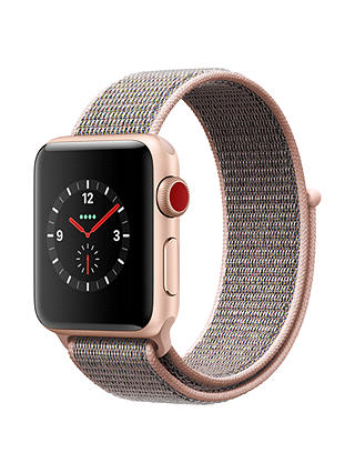 Apple Watch Series 3, GPS and Cellular, 38mm Gold Aluminium Case with Sport Loop, Pink Sand