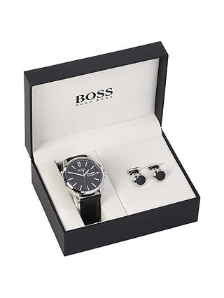 HUGO BOSS 1570054 Men's Day Date Leather Strap Watch and Cufflinks Gift Set, Black