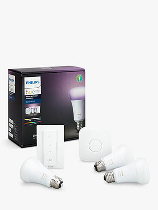 Philips Hue White and Colour Ambiance Wireless Lighting LED Starter Kit with 3 Bulbs, 10W E27 Edison Screw Cap