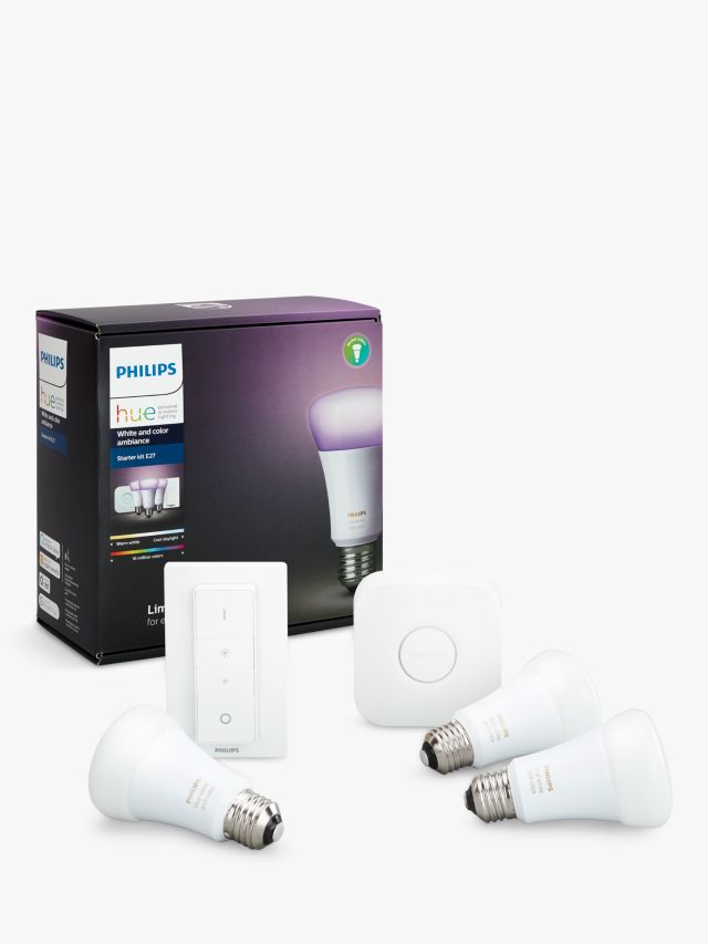 Philips Hue White and Colour Ambiance Wireless Lighting LED Starter Kit  with 3 Bulbs, 10W E27 Edison Screw Cap