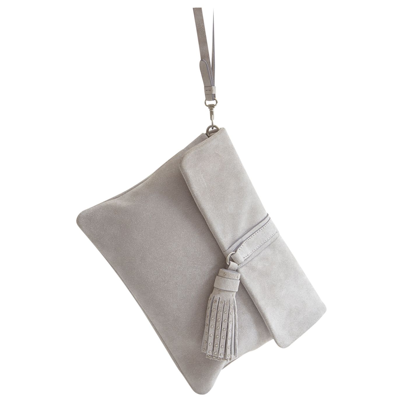 light grey suede clutch bag