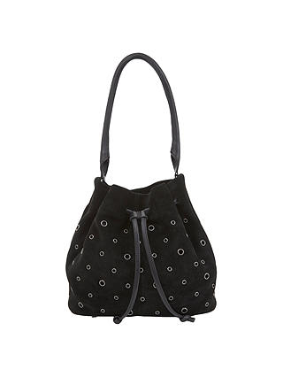 Mint Velvet Zoe Eyelet Leather Bucket Bag, Black
