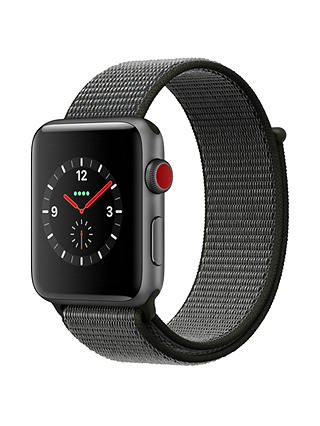 Apple Watch Series 3, GPS and Cellular, 42mm Space Grey Aluminium Case with Sport Loop, Dark Olive