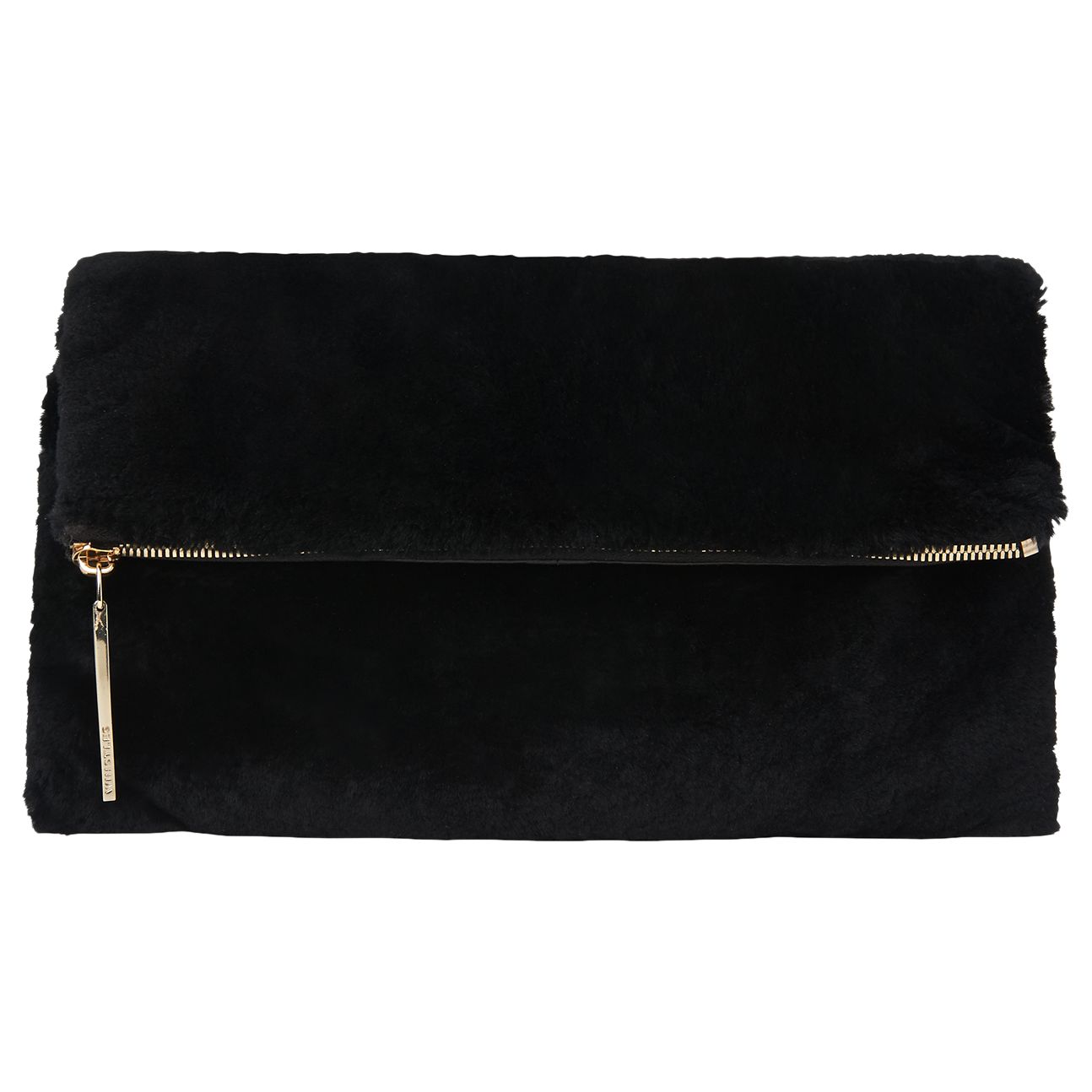 Whistles Shearling Fold Over Clutch Bag, Black