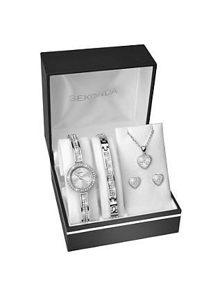 Sekonda 2528G.76 Women's Crystal Bracelet Strap Watch, Bangle, Necklace and Stud Earrings Gift Set, Silver