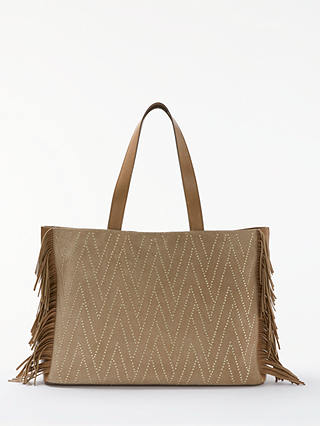 AND/OR Isabella Suede Fringe Large Studded Tote Bag, Taupe