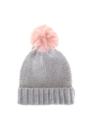 Mint Velvet Brushed Texture Pompom Hat, Silver Grey/Baby Pink