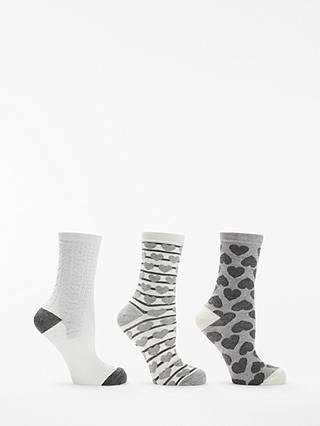 John Lewis & Partners Heart Motif Ankle Socks, Pack of 3, Grey/Cream
