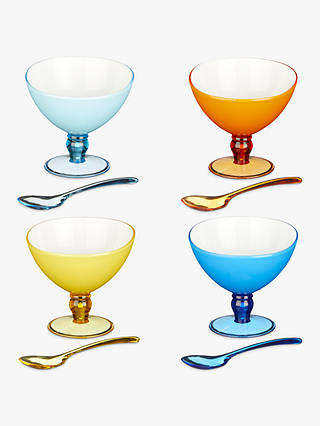 John Lewis & Partners Poolside Wave Picnic Plastic Dessert Bowls and Spoons Set, Assorted, Set of 4