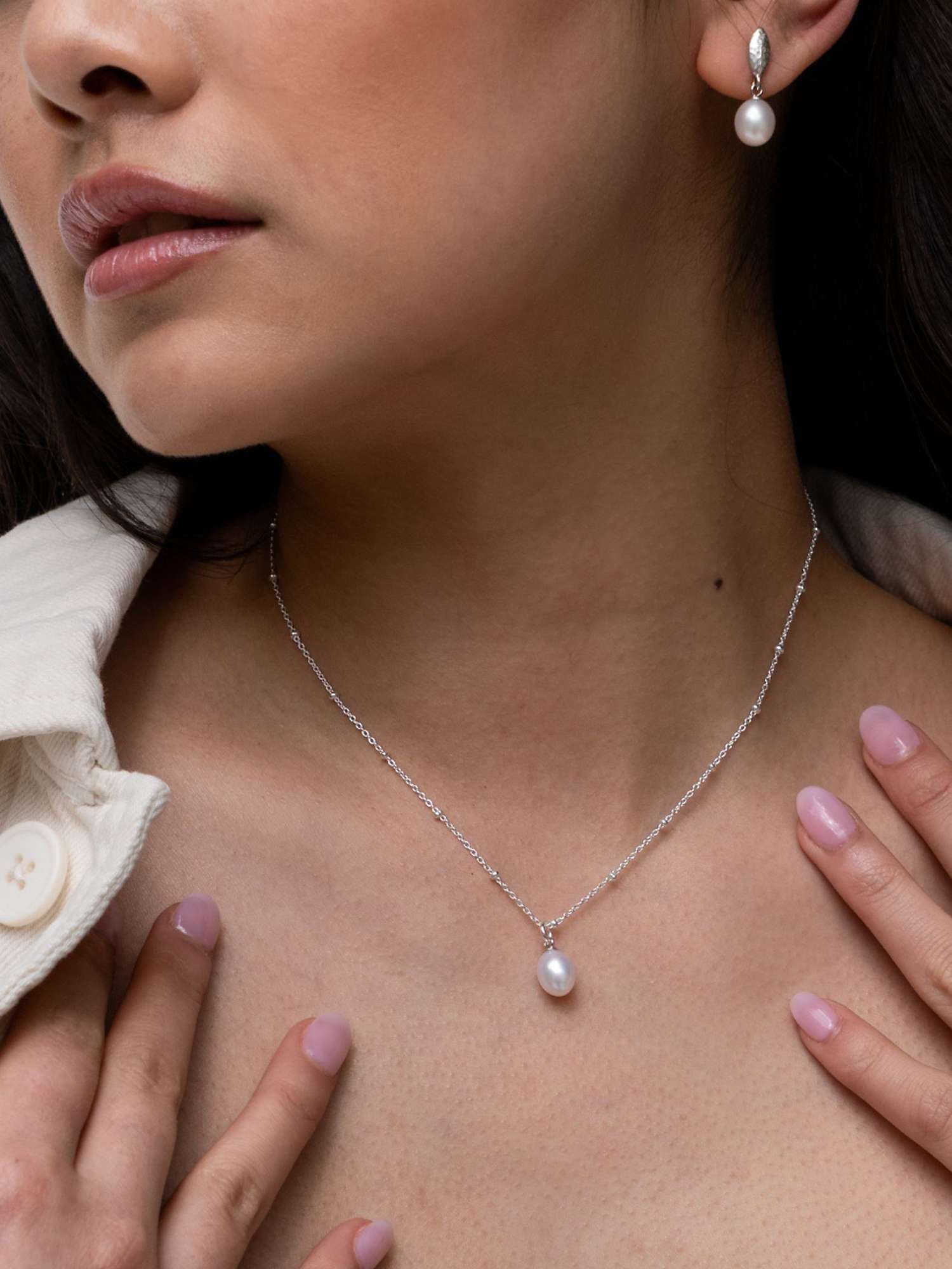 Buy Dower & Hall Sterling Silver Marquise and Oval Freshwater Pearl Pendant Necklace Online at johnlewis.com