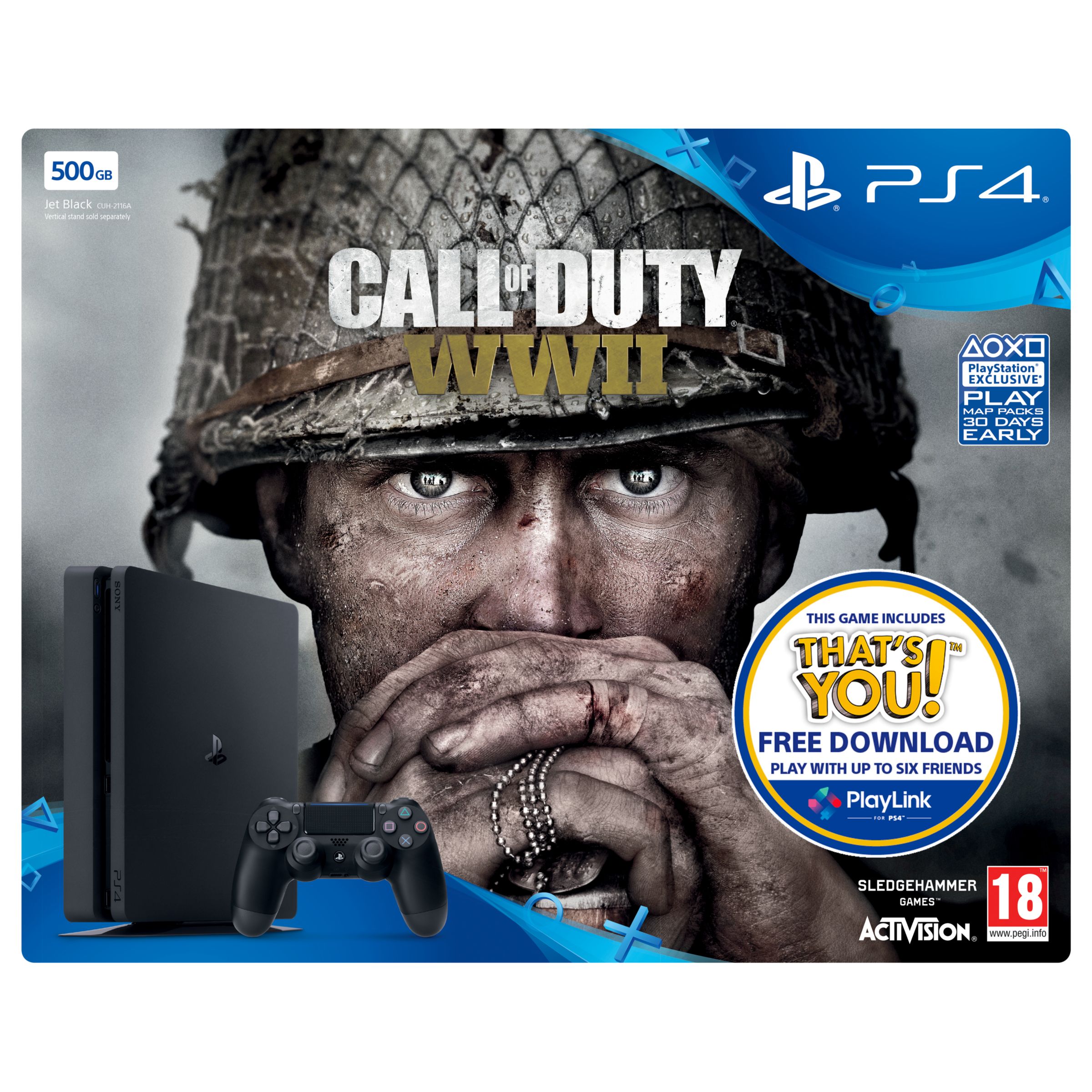 Sony PlayStation Slim Console, 500GB, DualShock Controller and Call of  Duty: WWII game, with free That's You! game download code