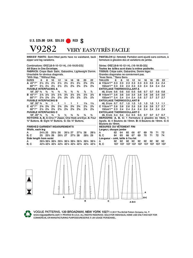 Vogue Women's Misses' High Waist Trousers Sewing Pattern, 9282