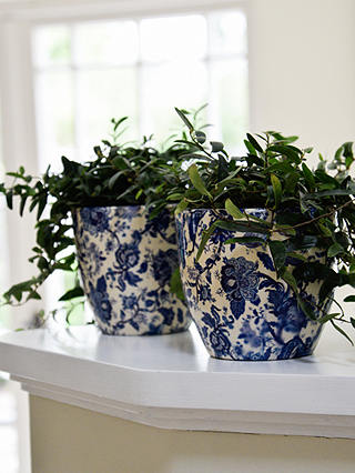 Ivyline Monza Vintage Floral Print Indoor Planter, Blue/White