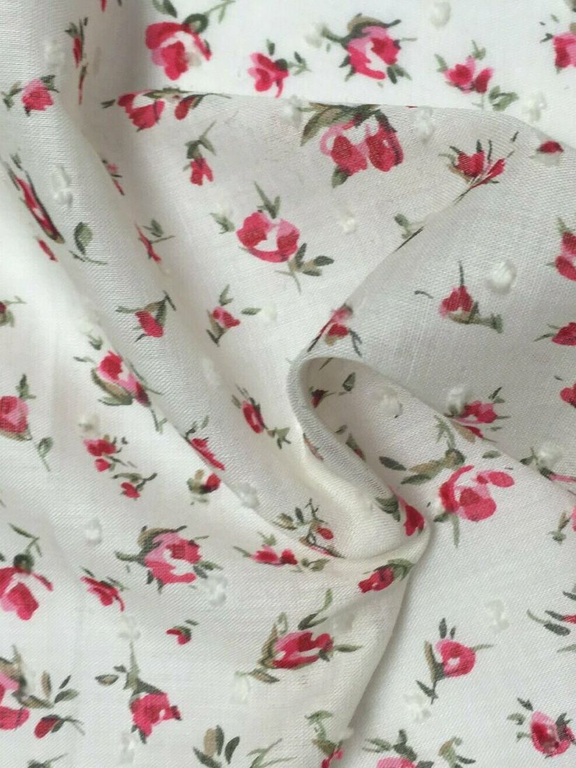 Viscount Textiles Red Roses Corsage Dobby Fabric, White/Red