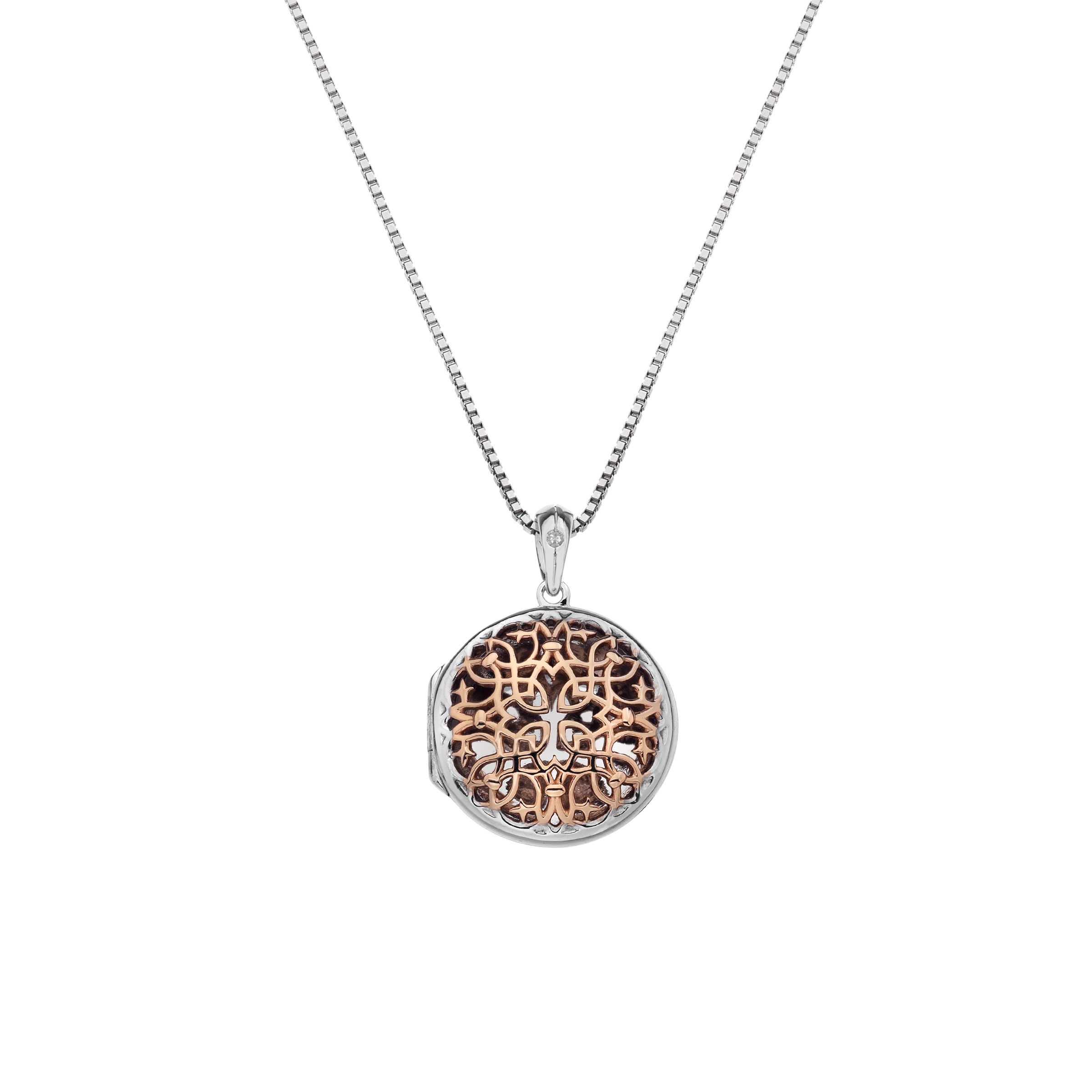 Hot Diamonds Small Circle Filigree Locket Pendant Necklace, Silver/Rose Gold