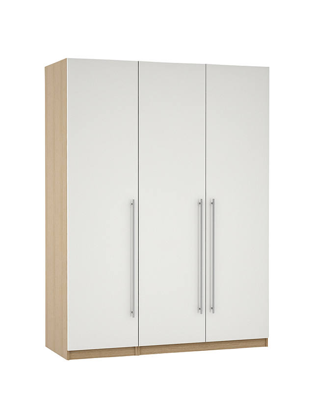 John Lewis ANYDAY Mix It Stainless Steel Long T-Bar Handle, Triple Wardrobe with Internal Drawers/Shelving, Gloss White Slab/Natural Oak