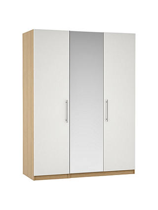 John Lewis ANYDAY Mix it Stainless Steel Long T-Bar Handle, Mirrored Triple Wardrobe with Internal Drawers/Shelving, Gloss White Slab/Natural Oak