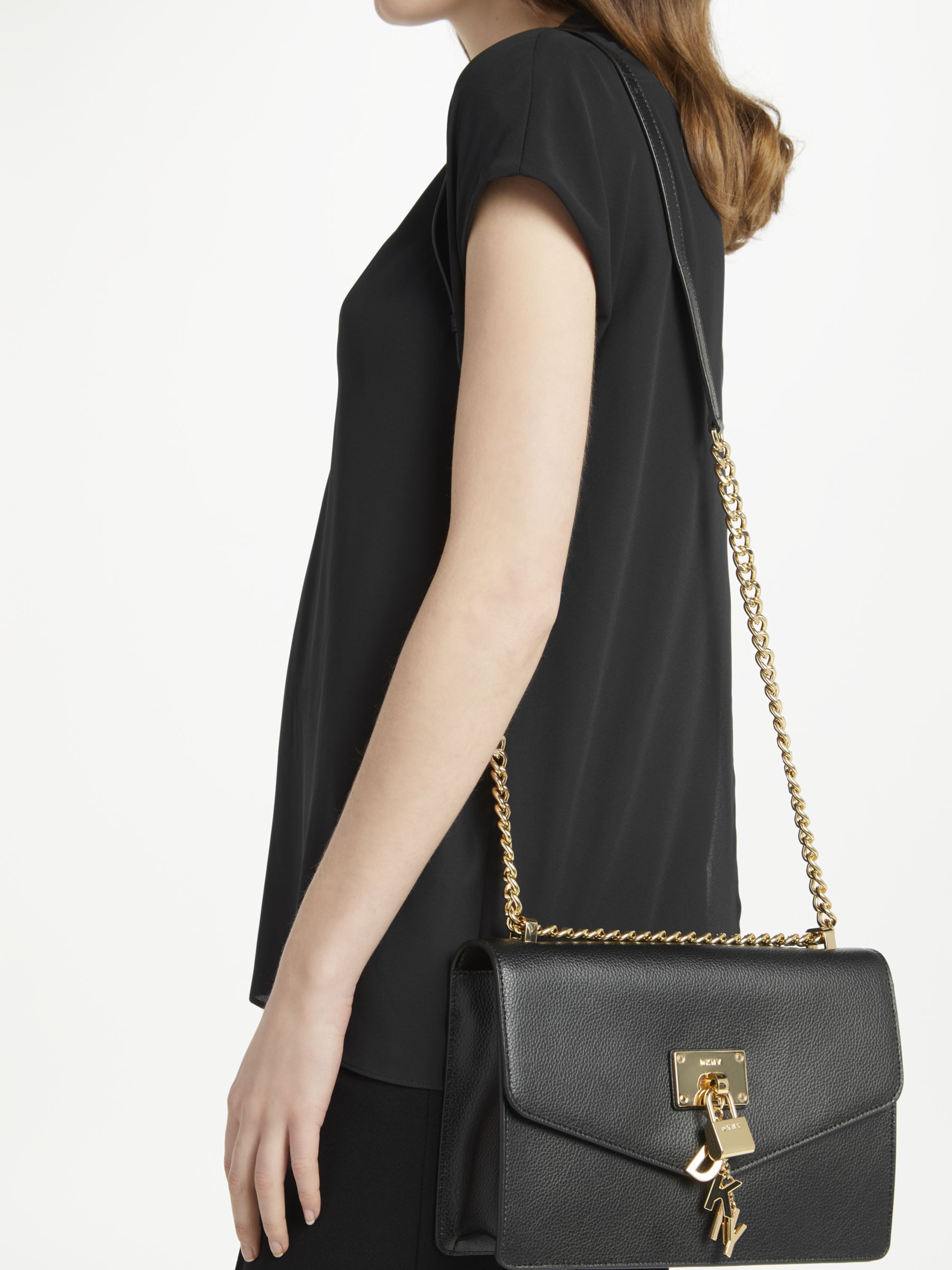 DKNY Elissa Charm Detail Leather Shoulder Bag, Black at John Lewis ...