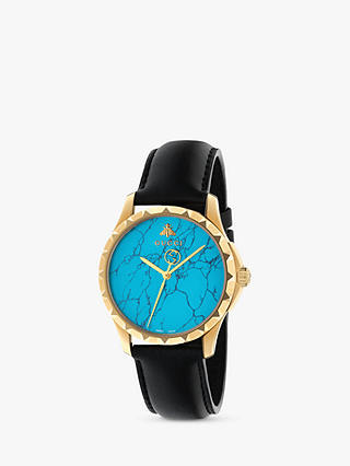 Gucci YA126462 Women's Le Marche des Merveilles Leather Strap Watch, Black/Turquoise