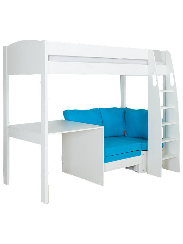 Stompa Uno S Plus High-Sleeper Bed with Fixed Desk and Chair Bed, White/Aqua