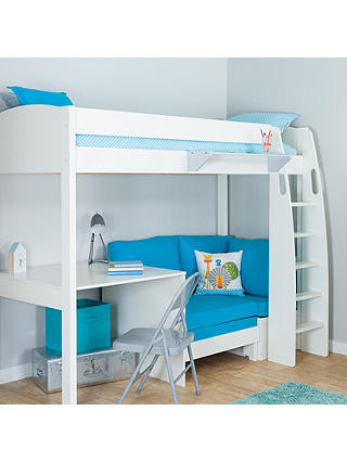 Stompa Uno S Plus High-Sleeper Bed with Fixed Desk and Chair Bed, White/Aqua