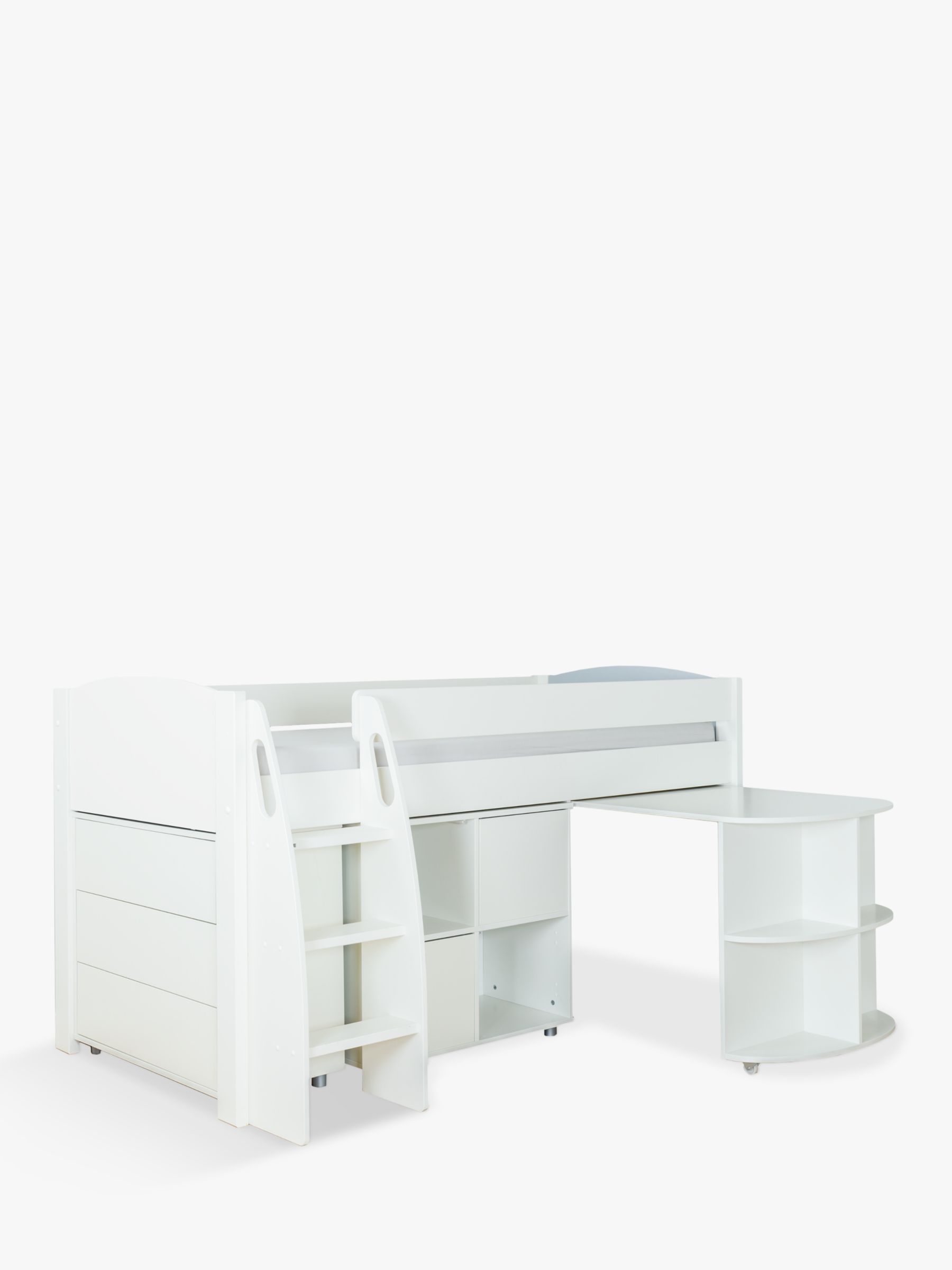 Photo of Stompa uno s plus mid-sleeper with pull-out desk 3 drawer chest and 2 door cube unit