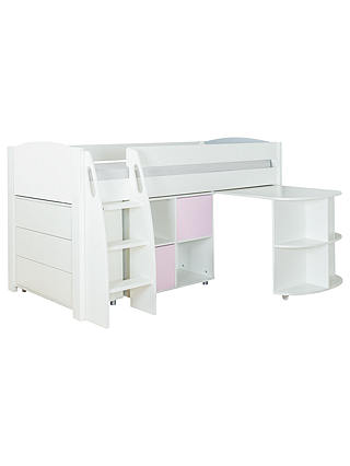 Stompa Uno S Plus Mid-Sleeper with Pull-Out Desk, 3 Drawer Chest and 2 Door Cube Unit, White/Pink