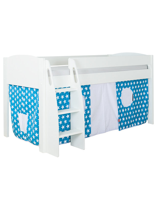 Stompa Uno S Plus Mid-Sleeper Bed with White Headboard and Star Print Tent, Aqua