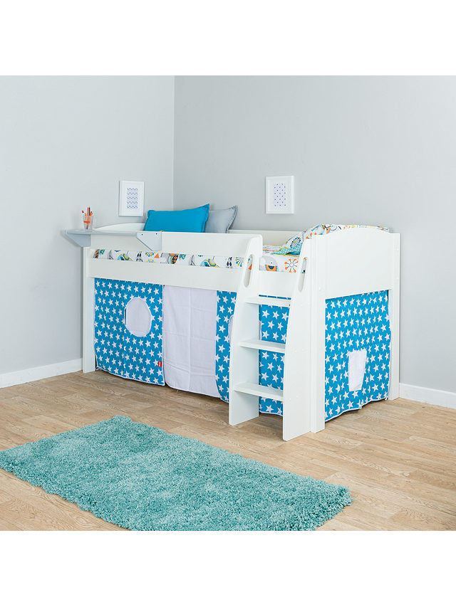 Stompa Uno S Plus Mid-Sleeper Bed with White Headboard and Star Print Tent, Aqua