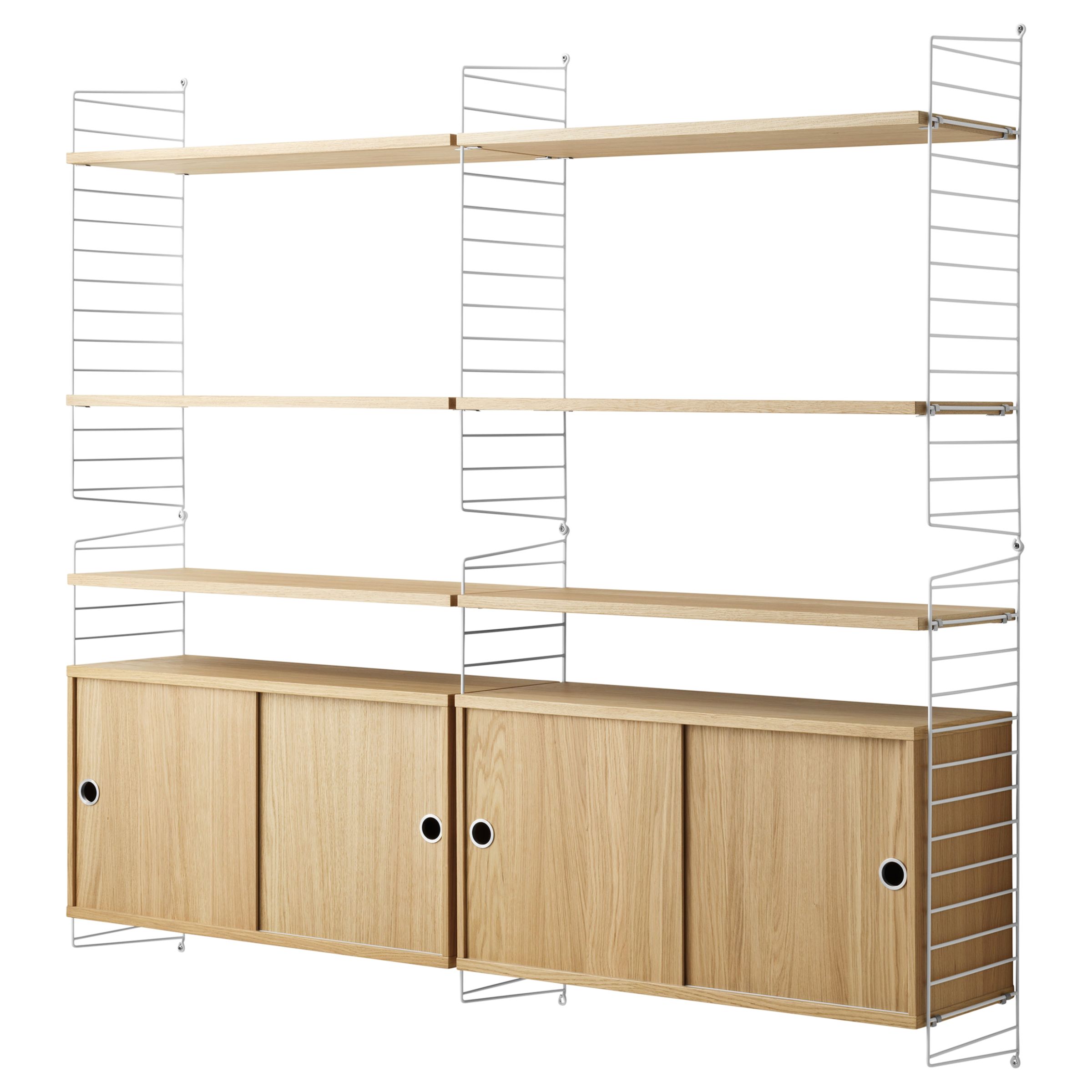String Shelving Unit With Double Cabinet And Wall Fastened Side