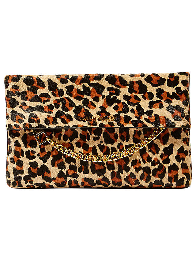 Karen Millen Leather Chain Zip Clutch Bag, Leopard Print