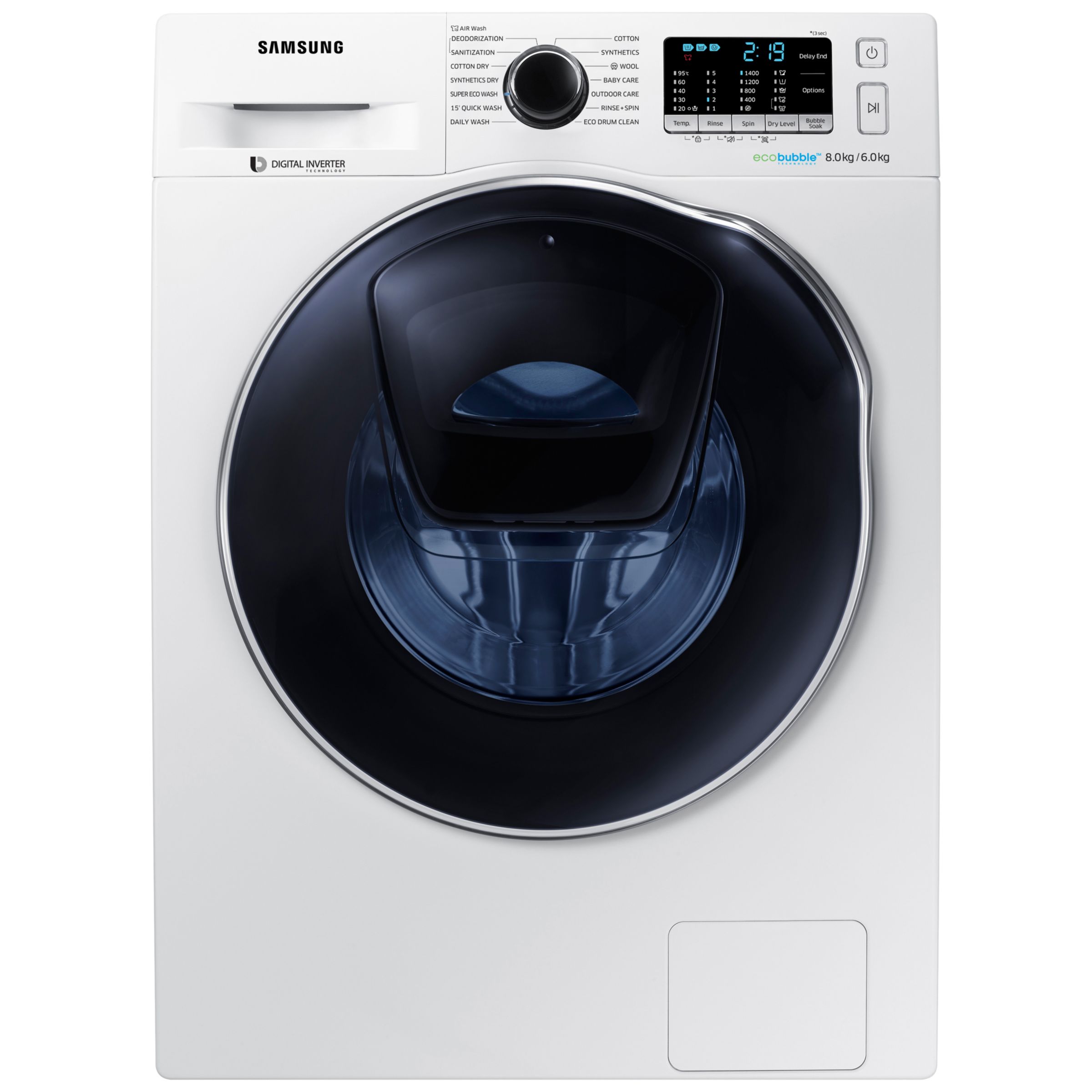 Samsung AddWash WD80K5B10OW/EU Freestanding Washer Dryer, 8kg Wash/6kg Dry Load, B Energy Rating, 1400rpm Spin, White