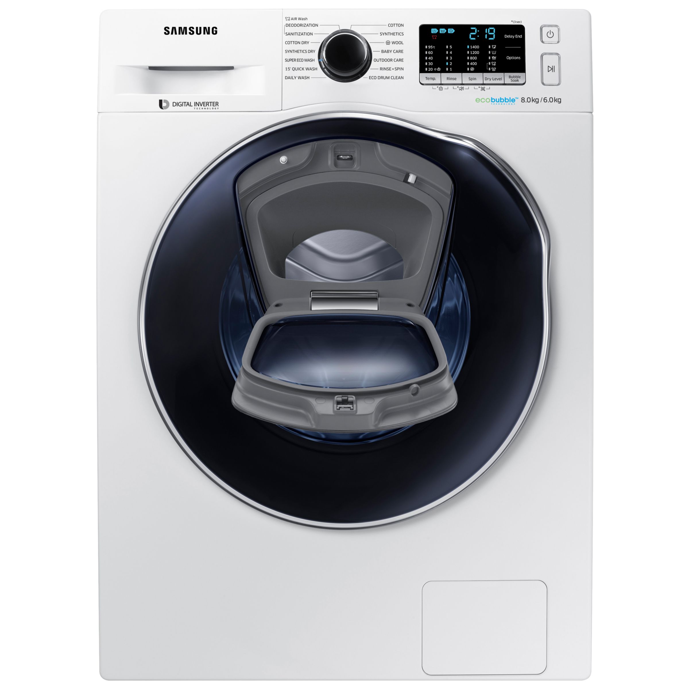 Til Ni Dårlig faktor udvikling af Samsung AddWash WD80K5B10OW/EU Freestanding Washer Dryer, 8kg Wash/6kg Dry  Load, B Energy Rating, 1400rpm Spin, White