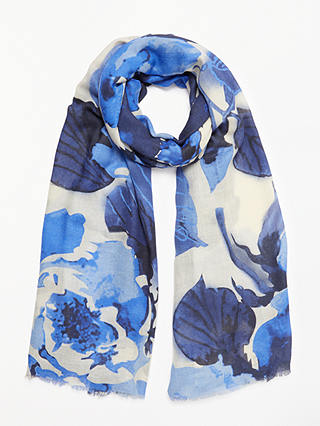 John Lewis & Partners Autumn Floral Print Wool and Silk Scarf, Blue Mix