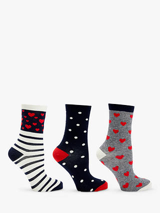 John Lewis & Partners Heart Stripes Ankle Socks, Pack of 3, Navy/Red