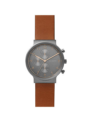 Skagen SKW6418 Men's Ancher Leather Strap Watch, Brown/Grey