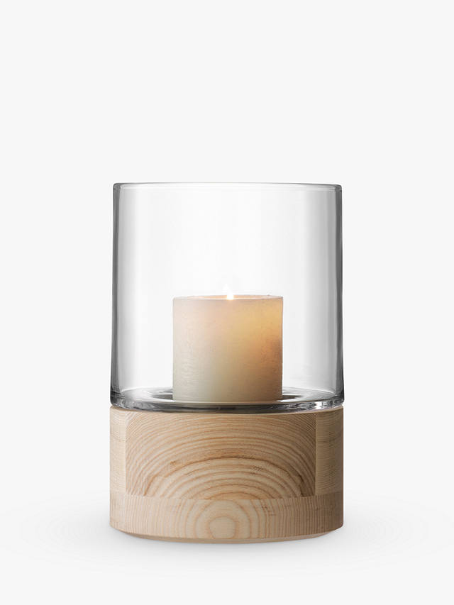 LSA International Lotta Glass Lantern & Ash Wood Base Candle Holder, H22.5cm