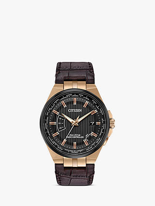 Citizen CB0168-08E Men's Eco-Drive World Perpetual A-T Date Leather Strap Watch, Brown/Black